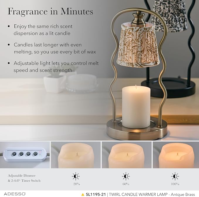 Candle Warmer Lamp – Flameless Candle Melter with Adjustable Timer & Dimmable Light, Bulb Included, Antique Brass Base & Beige Floral Printed Shade, for Home, Dorm, or Office