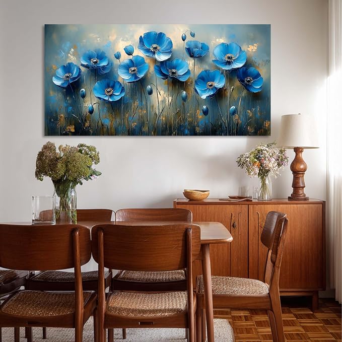 Ggaafet Navy Blue Flowers Wall Art for Bedroom Canvas Oil Painting Prints Beautiful Floral Blooming Art Deco Pretty Artwork Office Family Dining Room Decor