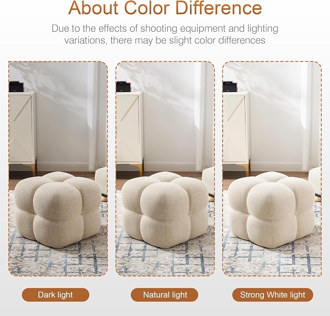 Zesthouse Square Pouf Ottoman, Modern Vanity Chair Backless for Bedroom, Beige Linen Stool Seat Foot Rest, Upholstered Poofy Footstool for Couch, Fabric Ottoman Coffee Table for Living Room