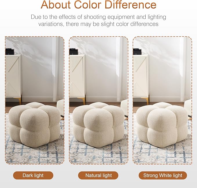 Zesthouse Square Pouf Ottomans Set of 2, Modern Backless Vanity Chair for Bedroom, Beige Linen Foot Rest for Couch, Upholstered Tufted Footstool, Poofy Fabric Ottoman Coffee Table for Living Room