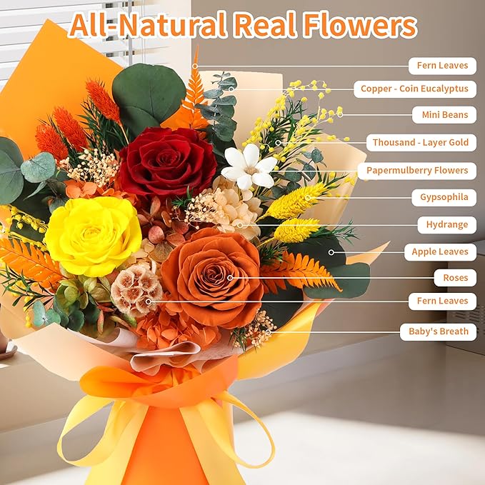 Preserved Flowers Bouquet, Real Eternal Flowers, Gifts For Women, Birthday Gifts For Mom Friends Her Girlfriend Sister, Valentine (orange)