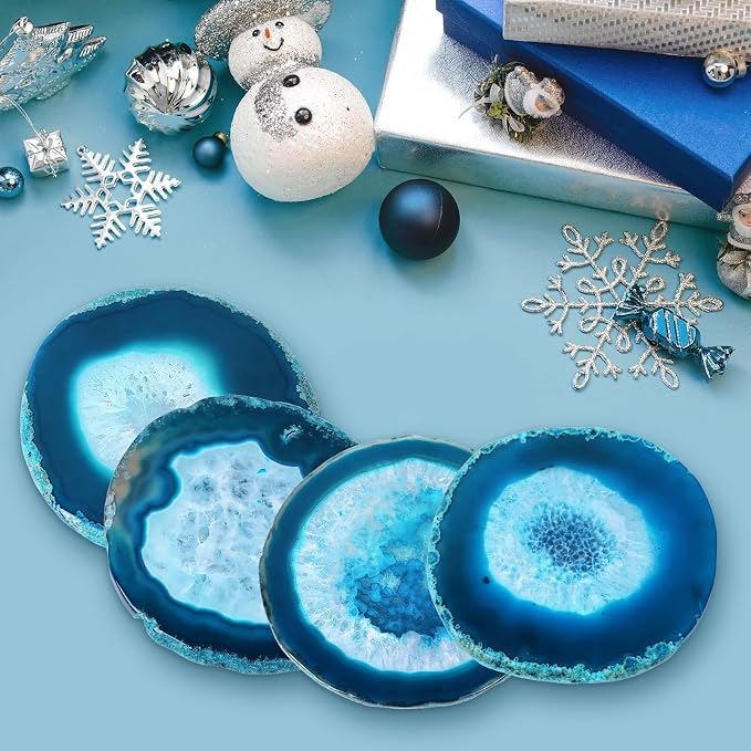 Blue Geode Agate Coasters for Drinks Set of 4 | Natural Stone Coasters 3.5-4", Decorative Gemstone Coasters for Coffee Table, Bar or Desk, Housewarming Gift for Friends