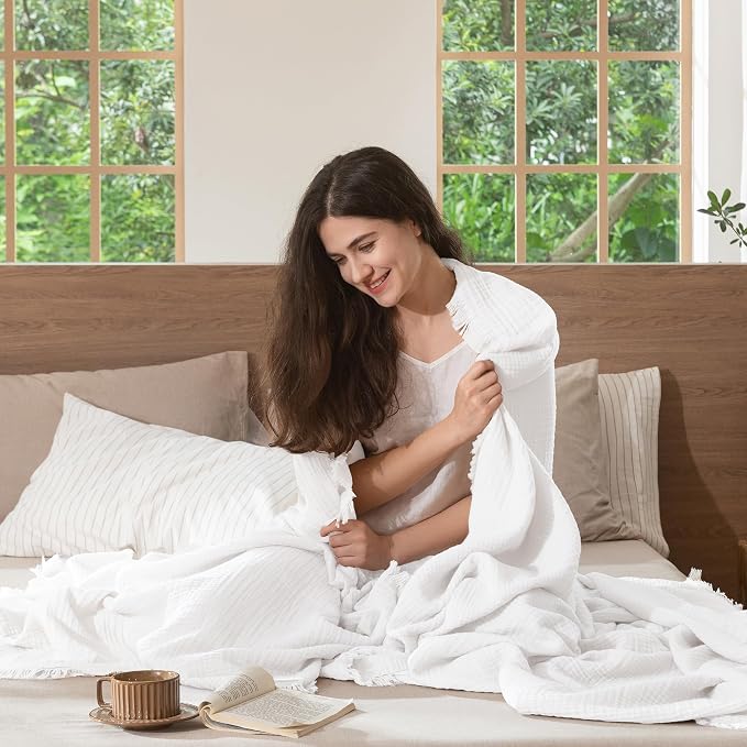 MooMee Muslin Blanket - 100% Cotton 4-Layer Gauze Throw Blanket with All-Around Fringe, Soft Breathable Lightweight Cooling Summer Blankets for Bed Couch (Bright White,Throw 60" x 50")