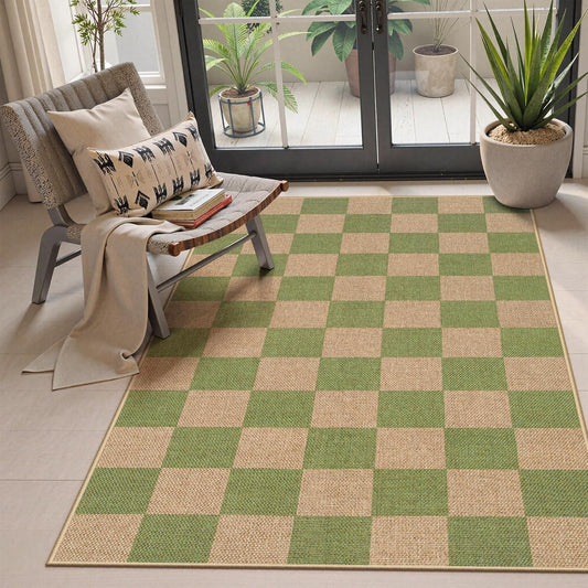 Lahome Checkered 3x5 Washable Rug, Green Easy Jute Rug for Entryway Living Room, Modern Non Slip Non Shedding Indoor Outdoor Carpet for Porch Deck Kitchen