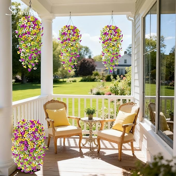 Serwalin Artificial Fake Hanging Flowers for Outdoors Planters,6PCS UV Resistant Faux Pansy Spring Flowers for Outside Porch Patio Garden Window Box (Yellow Lavender White)