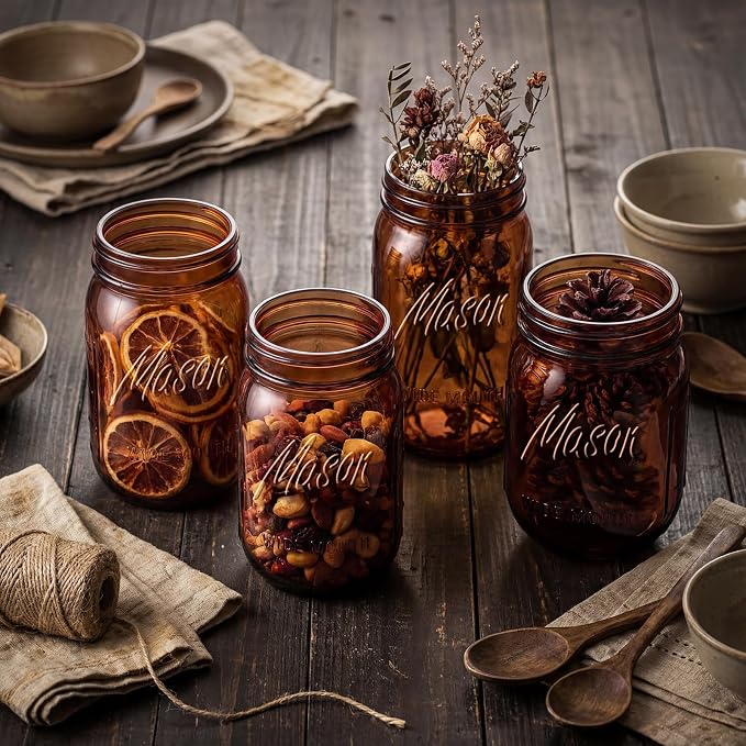 Rubtlamp Amber Mason jar 32 oz, 12 Pack Glass Jars - Wide Mouth Mason Jars with Airtight Lids for Pickling, Fermenting, Food Storage&DIY Crafts, Microwave & Dishwasher Safe