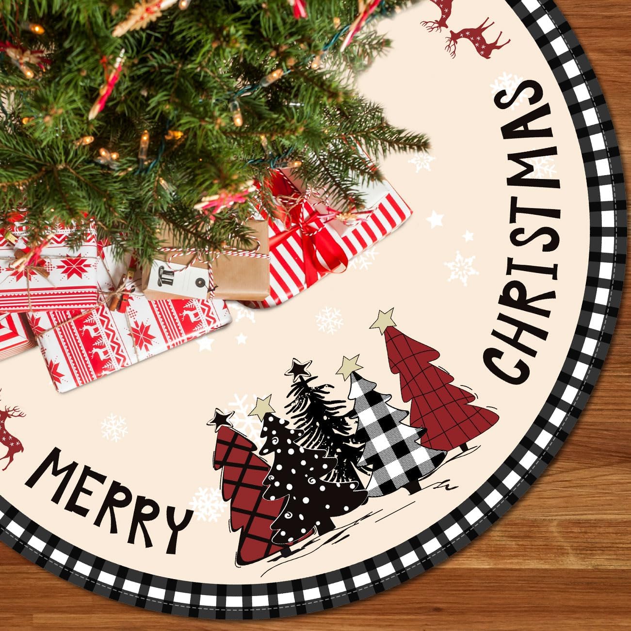 Christmas Tree Skirt 48 Inches Black White Buffalo Plaid Xmas Tree Skirt with Snowflake Merry Christmas Tree Skirts Christmas Tree Decorations for Christmas Holiday Home Decor Indoor Outdoor