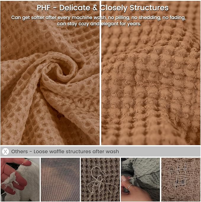 PHF Pre-Washed Cotton Waffle Weave Blanket Queen Size for Bed,Snag Proof Throw Blanket for Couch Spring Summer Lightweight Breathable,Oeko-TEX Certified,Machine Washable,Home Decor Gift-Cinnamon Brown