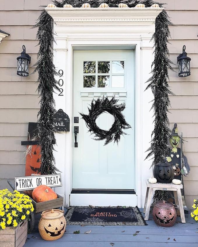 RECUTMS 2pcs Black Garland Artificial Hanging Plants 6 FT Boston Black Faux Ferns Garland Halloween Thanksgiving Party Outdoor Indoor Decor for Home