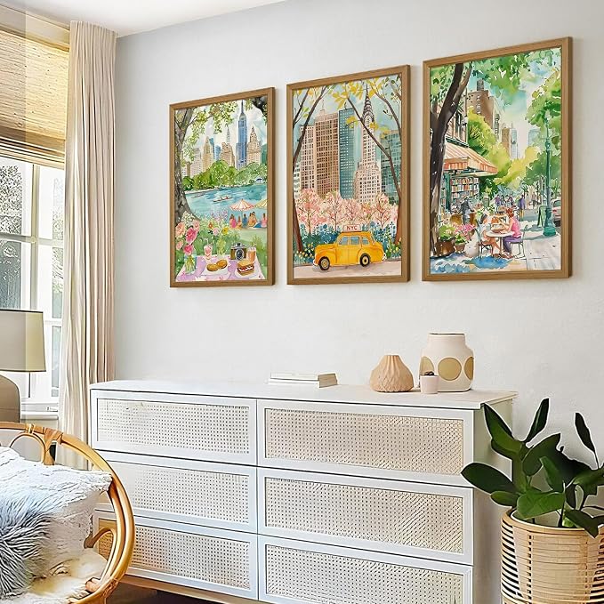 Watercolor New York City Wall Art Nyc Canvas Poster Travel Wall Decor Nyc Painting Central Park Picture New York Landmarks Artwork for Bedroom Living Room 12x16x3 Inch Wood Framed