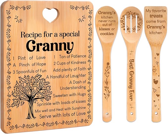 Granny Gifts - "Recipe for a Special Granny" Gifts for Granny Cutting Board Set, Bamboo-Made Engraved Utensil Set Granny Birthday Gifts from Grandchildren, Mothers Day Gifts for Granny.