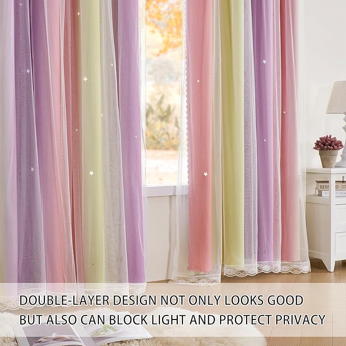 XiDi Pink Yellow Purple Curtains 84 Inches Long for Girls Bedroom 2 Panels Set, Blackout Rainbow Curtains for Kids Room Decor, Unicorn Wall Decals Drapes for Little Girl Nursery Room 34 Inches Wide