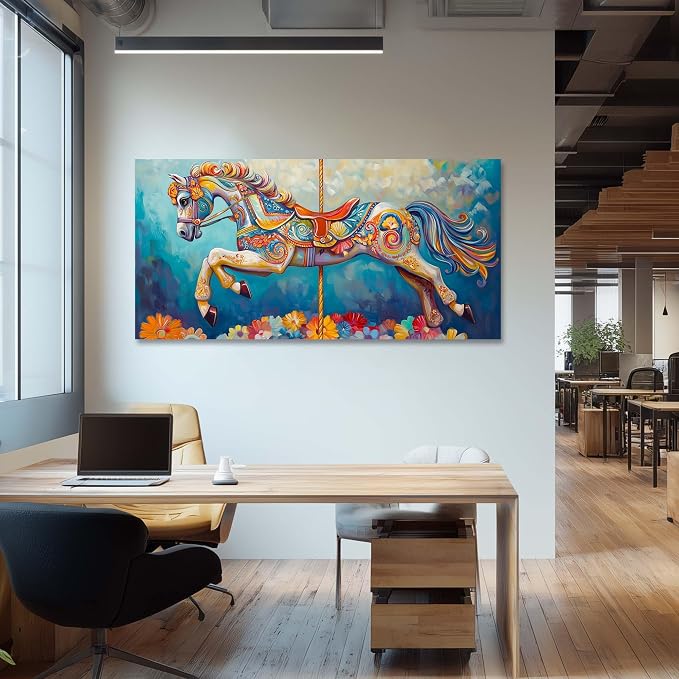 Ggaafet Colorful Carousel Wall Art for Living Room Canvas Oil Painting Prints Beautiful Circus Horse Art Deco Modern Artwork Office Bedroom Family Dining Room Decor Large