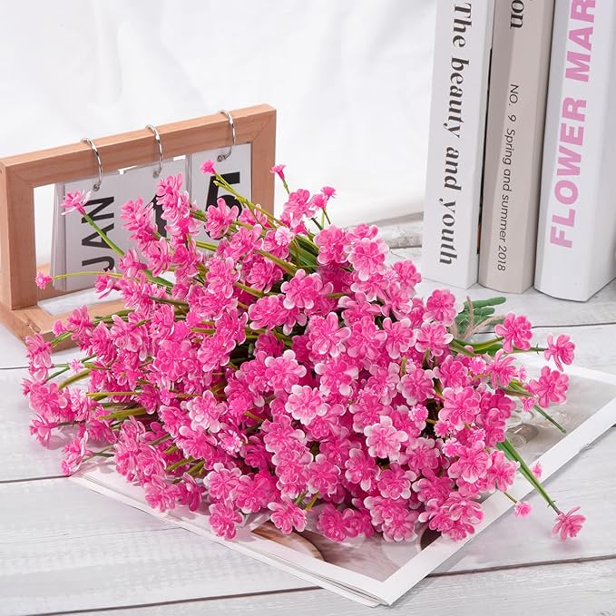 Ouddy Decor 12 Bundles Artificial Flowers for Outdoors UV Resistant Fake Plastic Plants Faux Greenery Stems for Spring Summer Indoor Garden Patio Window Box Kitchen Home Decor, Pink