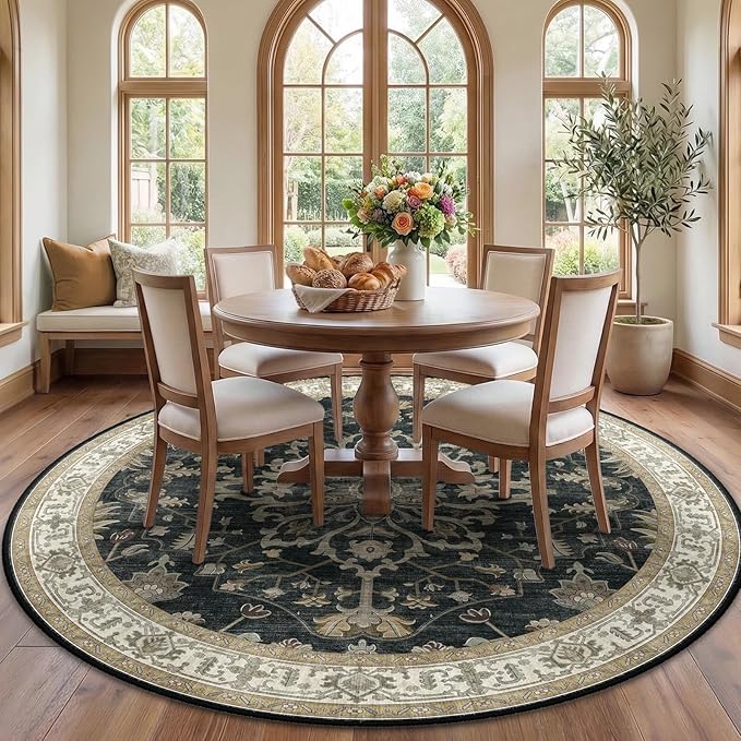 RELEANY Area Rugs Round 7ft Washable Non-Slip, Floral Vintage Distress Print Pattern Medallion Carpet for Living Room Bedroom Dining Room, Vintage Black Brown Neutral