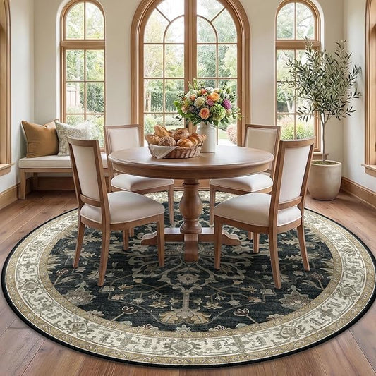 RELEANY Area Rugs Round 7ft Washable Non-Slip, Floral Vintage Distress Print Pattern Medallion Carpet for Living Room Bedroom Dining Room, Vintage Black Brown Neutral
