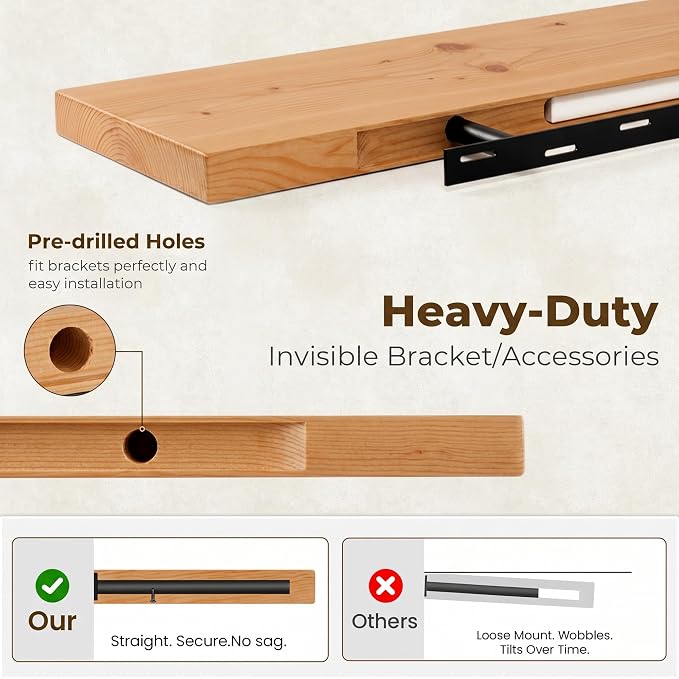 72 inch Floating Shelves for Wall, High End Solid Real Wood Floating Shelf with Heavy Duty Invisible Bracket 72in Long Wooden Wall Shelves for Living Room, Bedroom, Kitchen, Bathroom, Set of 1,Natural