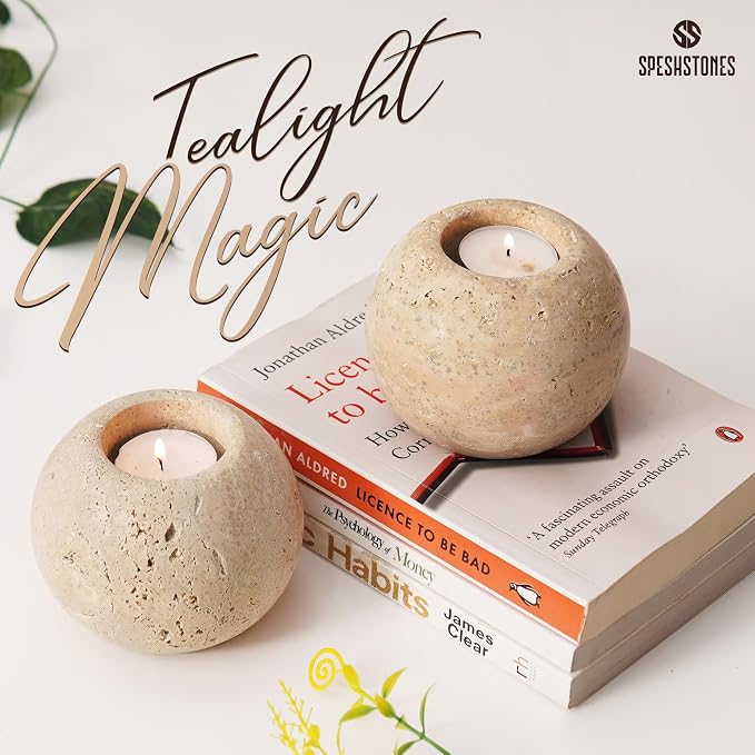 Marble Tealight Candle Holders 4 Inch Travertine Votive Candles Holder for Gifts, Tea lights Candles Set of 2 For Birthday, Wedding, Dining Tables Centerpieces & Valentines day Decorations