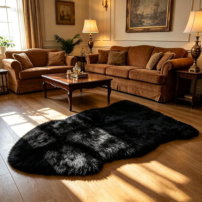 Genuine Sheepskin Rug New Zealand Fluffy Lambskin Rug, Natural Luxury Sheepskin Throw for Bedroom Living Room Children's Room - Premium Area Rug Chair Cover (2×3 Feet, Black)