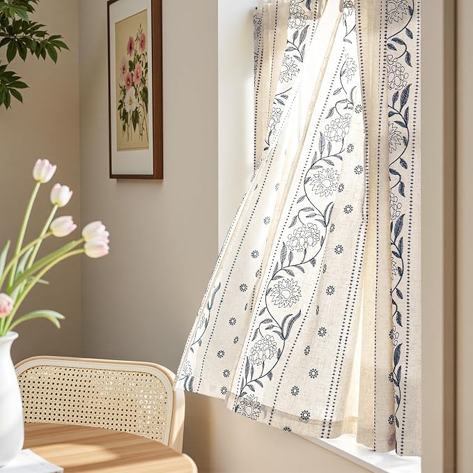 jinchan Winslow Linen Curtains 54 Inch Length Small Window Curtains Embroidered Bordered Floral Drapes Light Filtering for Bathroom Laundry Room Kitchen Farmhouse Decor Blue on Beige 2 Panels