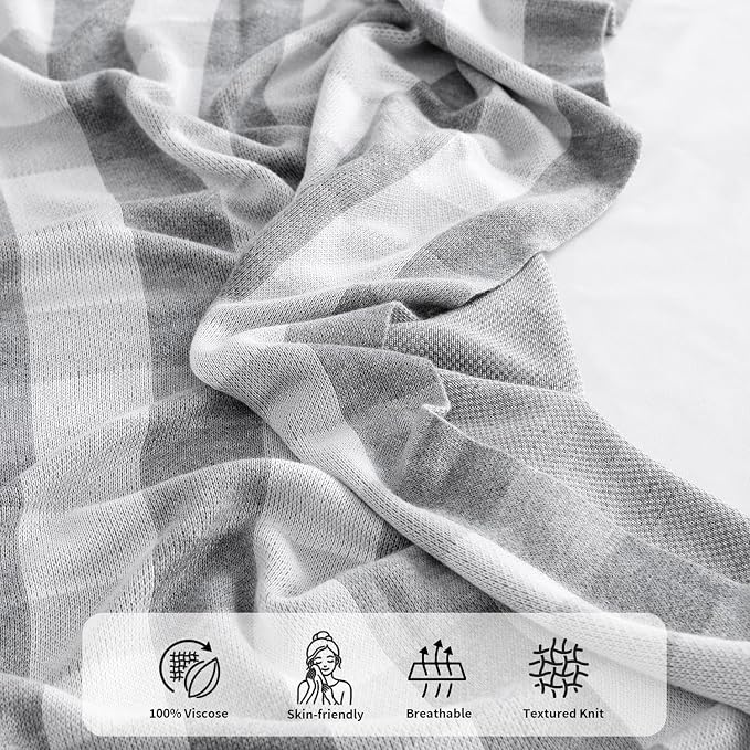 BOV Knit Checkered Throw Blanket - 100% Viscose Silky Super Soft Breathable Lightweight Decorative Throw Blanket for Year-Round Comfort, Perfect Self Care Gifts for Women & Men, Heather Grey 50"x60"