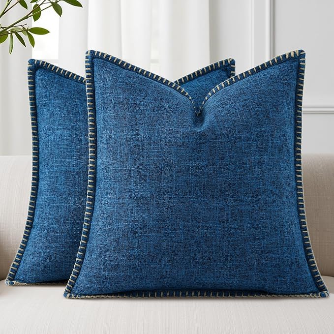 decorUhome Summer Decorative Throw Pillow Covers 24x24 Set of 2 Square Faux Linen Outdoor Neutral Farmhouse Euro Sham Pillow Covers with Stitched Edge for Couch Sofa Living Room, Dark Blue