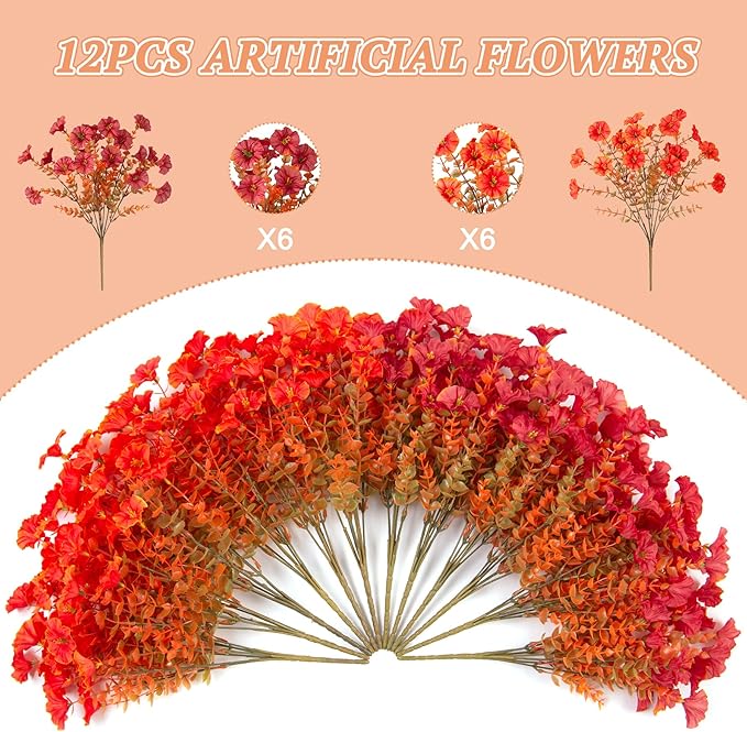 Hrobek Fall Artificial Flowers for Decoration, 12 Bundles Fake Mums Autumn Flower Plants Petunias, Faux Silk Morning Glory Eucalyptus for Planter Garden Porch Front Door Window Box, Orange Red