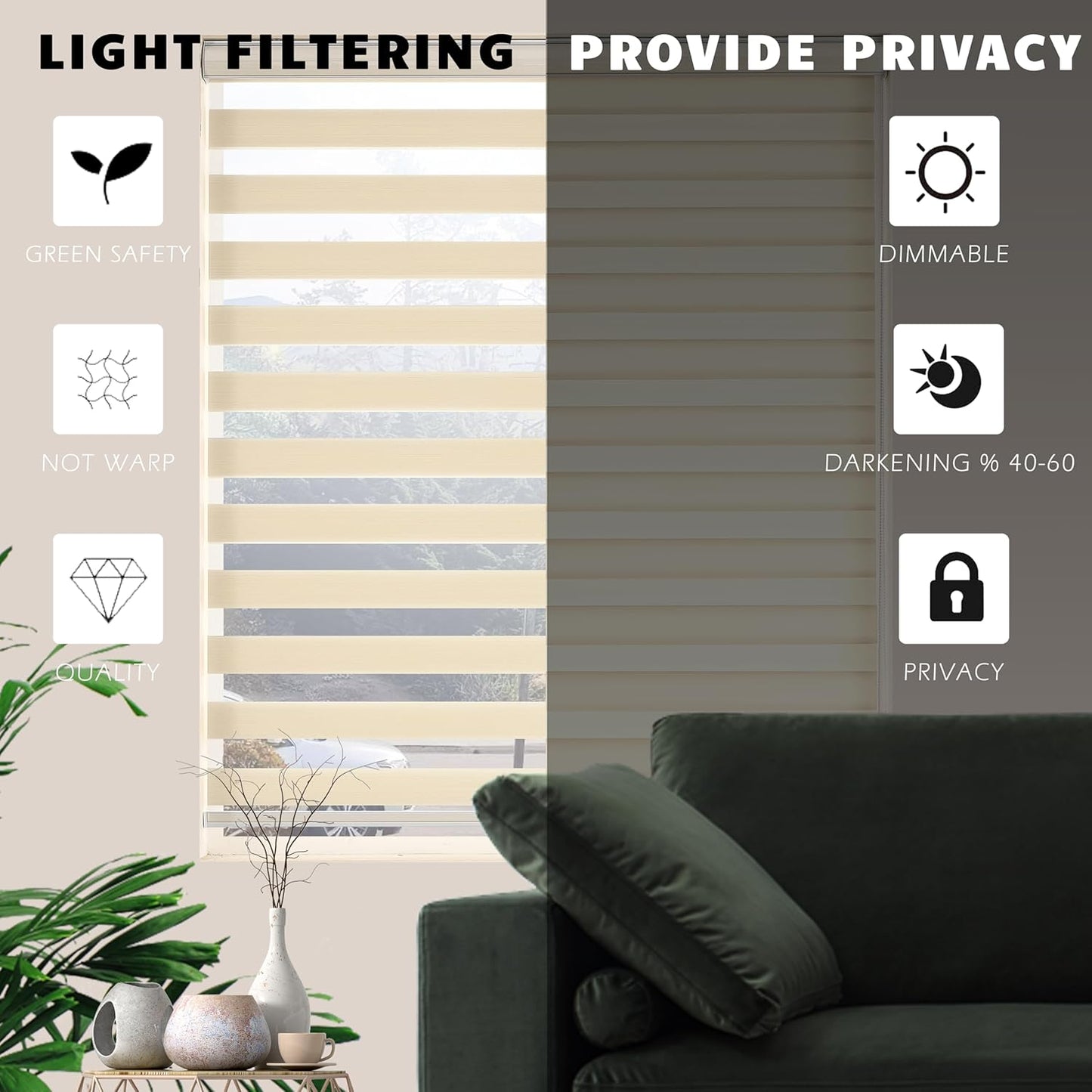 Zebra Blinds Window Blind Zebra Shade Blinds for Windows Roller Sheer Shades Privacy Light Filtering Shades for Home Kitchen Bathroom (Width 44'' X Height 72'' Cream)