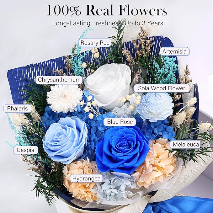 Preserved Flowers Bouquet - Forever Flowers for Delivery, Real Eternal Roses Bouquet, Mothers Day Gifts for Mom Grandma Wife, Anniversary Birthday Gifts for Women, Blue