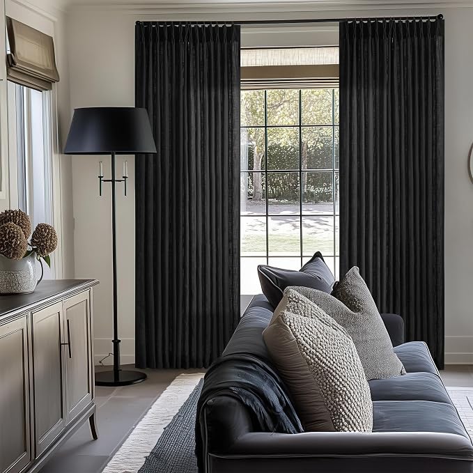 TWODRAPES Pinch Pleated Black Linen Curtains 96 Inches Long for Living Room Bedroom Light Filtering Boho Window Drape 96 Inch 2 Panels with Hooks Rings 8ft Black Sliding Glass Door Semi Sheer Curtain