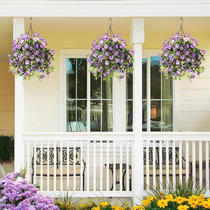 Artificial Fake Flowers Hanging Plants for Outdoor Spring Summer Decor, 2Pcs Faux Petunias Realistic Flowers Silk Morning Glory UV Resistant No Fade for Home Outside Garden Patio Yard Porch(Purple)