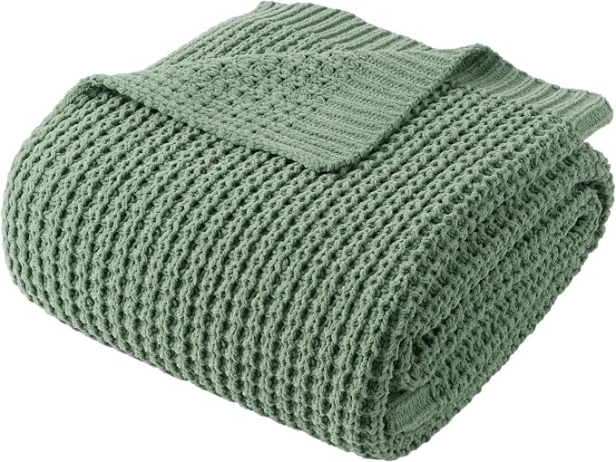 Bunnikins & Clover Knitted Waffle Throw Blanket 60x80 Inches, Sage Green Throw Blanket for Couch, Soft Cozy Chenille Knit Blanket Warm Decorative Throw for Sofa