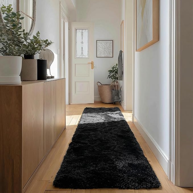 PAGISOFE Black Runner Rugs for Bedroom, Living Room 2x6 Small Plush Fluffy Boys Rug, Bedside Rug, Soft Rugs for Kids Room, Plush Shag Carpet, Accent Throw Rugs, Home Decor Aesthetic Nursery