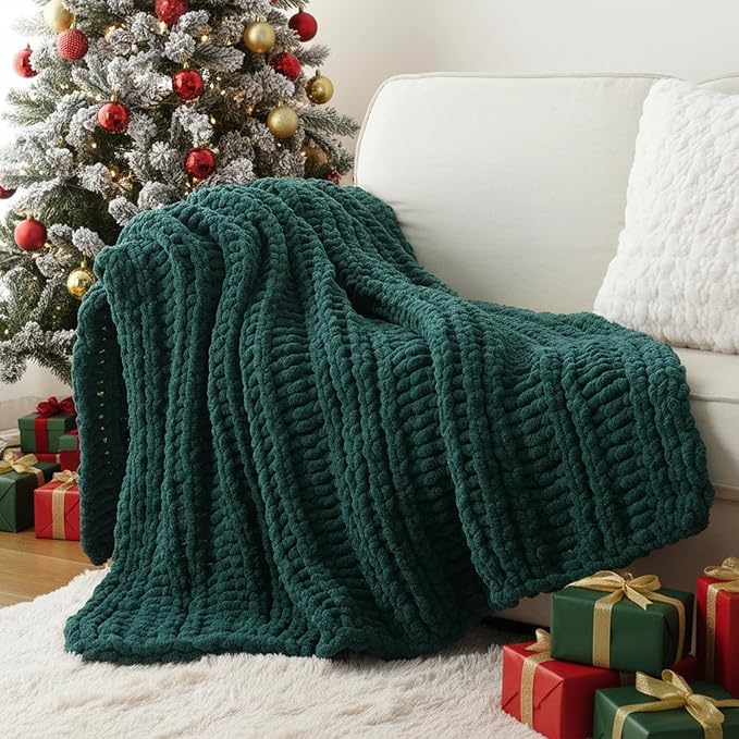 Battilo Chunky Knit Throw Blanket for Couch, Christmas, 50"x60", Dark Green | Hand Knit, Gift Blanket for Christmas Decor, Cozy Warm Thick Soft Chenille Throw Blanket for Bed, Sofa, Chair, Living Room