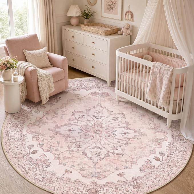 RELEANY Area Rugs Round 5ft Washable Non-Slip, Floral Vintage Distress Medallion Carpet for Living Room Bedroom Dining Room, Pink Greypink Cute