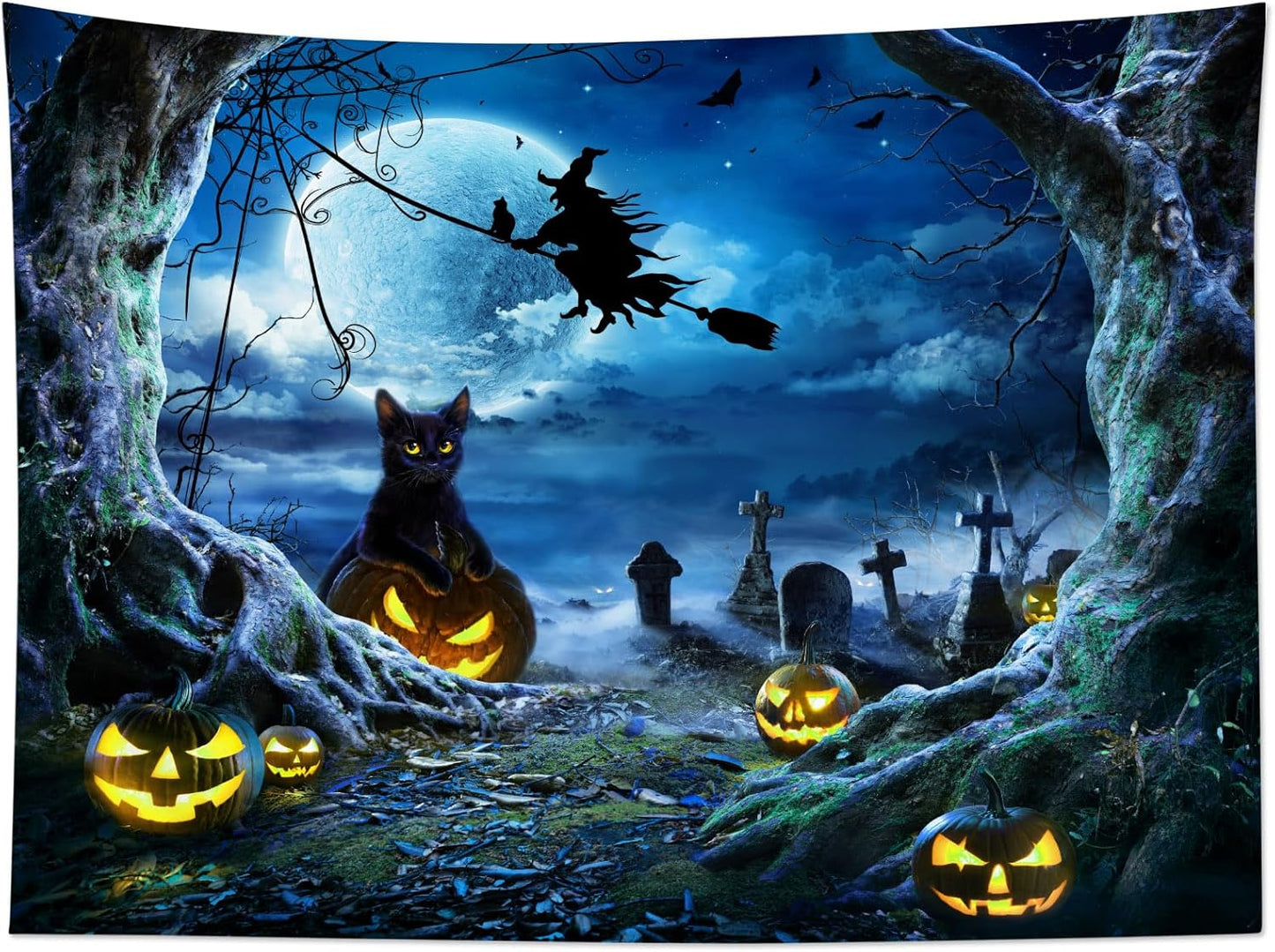 LB Halloween Wall Tapestry 92.5x70.9 Inch - Spooky Graveyard Scene with Witch, Black Cat, Pumpkin, Full Moon & Dead Tree Decor for Bedroom, Living Room, Dorm, Party