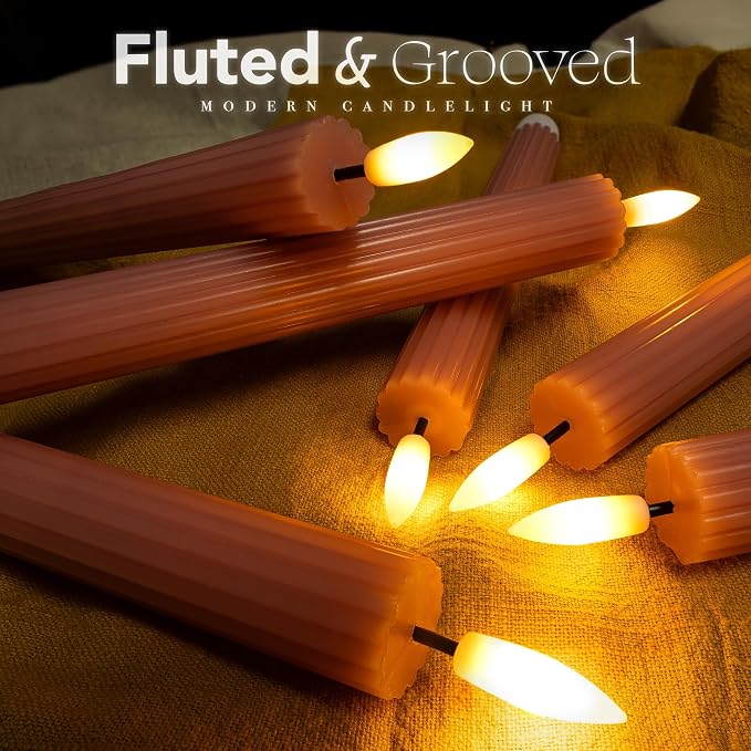 12 Pack, 10" LED Flameless Real Wax Dusty Rose Fluted Ribbed Grooved Taper Candles, Remote & 24h Timer Memory, On/Off Button, Dimmable, Flicker Mode, Battery Operated, Wedding