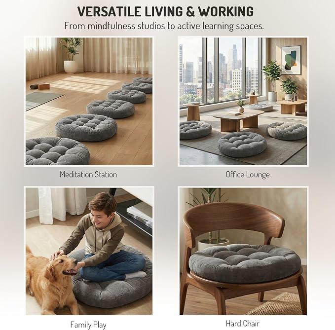 Degrees of Comfort Meditation Floor Pillow, Round Large Pillows Seating for Adults, Tufted Corduroy Cushion for Tatami Living Room, Grey, 22 Inch
