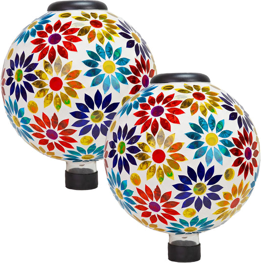Sunnydaze 10 inch Solar Gazing Ball for Garden - Glass Outdoor Gazing Globe - Midsummer Dahlias - Set of 2