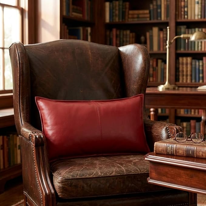 Genuine Leather Pillow Cover Case for Lumbar Throw Couch Pillows - Modern Farmhouse Decorative Sofa Thick & Soft Cushion Covers (Red, 12" x 20")
