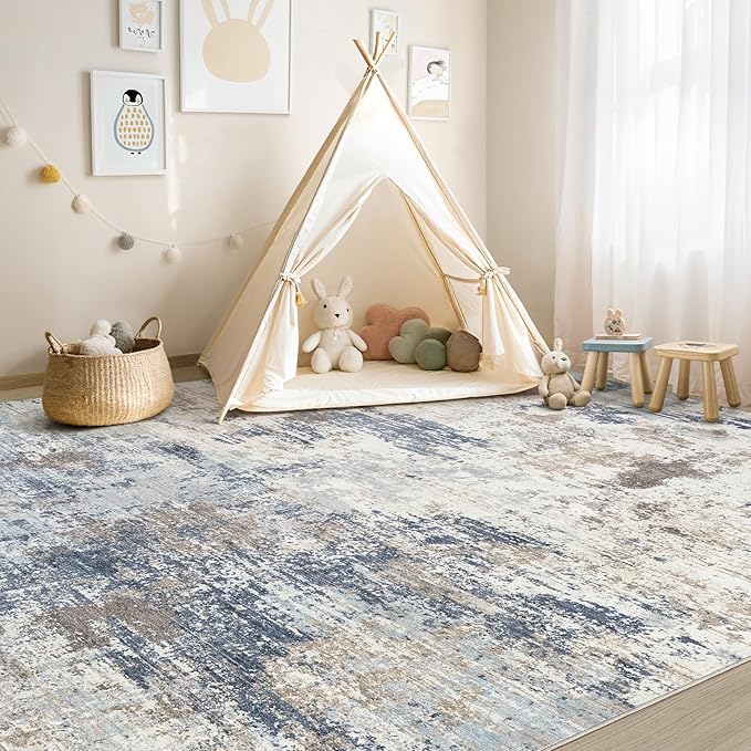 UERMEI 5x7 Area Rug Living Room Rugs - Washable Neutral Modern Abstract Soft Thin Large Rug Indoor Floor No Slip Rug Carpet for Bedroom Under Dining Table Home Office Decor - Denim Blue