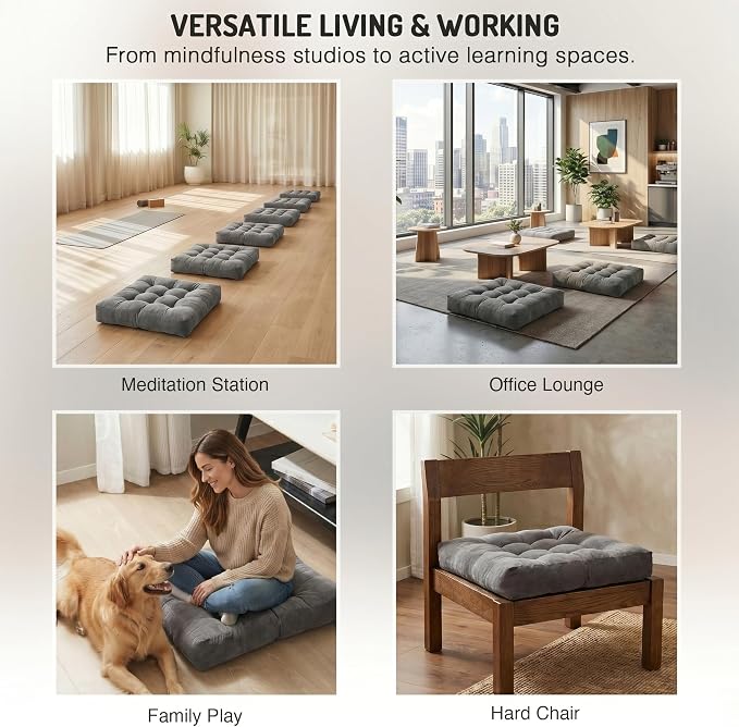 Degrees of Comfort Meditation Floor Pillow, Square Large Pillows Seating for Adults and Teens, Gray Tufted Corduroy Cushions for Yoga, Study Room, Home Office and Living Room, Grey, 22x22 Inch