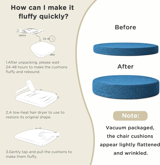 AddGrace 2.5" Thick Non Slip Round Chair Pad Set of 2, 16", Blue | Machine-Washable Cover, Non-Slip, for Kitchen, Dining Room, Office, Floor, Bistro Cafe, for 16" Ottoman, 16" Round Stool