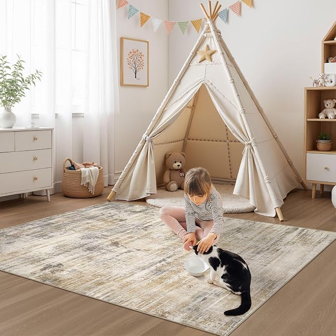 UERMEI 4x6 Washable Area Rug for Living Room: Modern Neutral Abstract Soft Low Pile Carpet Non-Slip Pet Kids Friendly Indoor Decor for Bedroom Dining Room Home Office Nursery Golden Brown