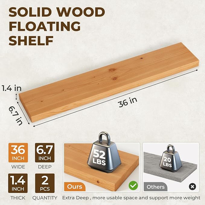 36 inch Floating Shelves for Wall, High End Solid Real Wood Floating Shelf with Heavy Duty Invisible Bracket 36in Long Wooden Wall Shelves for Living Room, Bedroom, Kitchen, Bathroom, Set of 2,Natural