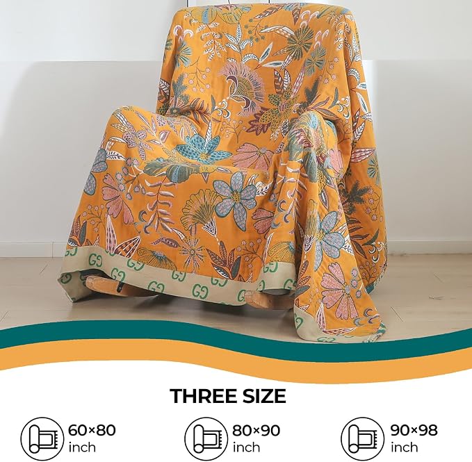 100% Cotton Boho Throw Blanket,4-Layer Gauze Woven Breathable Soft Muslin Blanket with Vintage Floral Design & Yellow/Green,Lightwight Breathable Decor Blanket, Perfect as Bed Sofa Quilt 60" x 80"