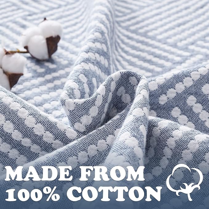 jinchan Boho 100% Cotton Blanket Muslin Twin Size 60x80 Inches Lightweight 3-Layer Geometric Square Striped Pattern Reversible Quilt Throw Soft Breathable Comfy All Seasons for Couch Bed Decor, Blue