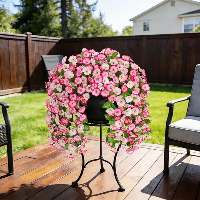 INXUGAO Artificial Fake Hanging Flowers Plants for Outdoor Decoration, 2PCS Faux Silk Morning Glory Long Vines Stems UV Resistant Look Real for Spring Summer Outside Home Porch Patio, Pink
