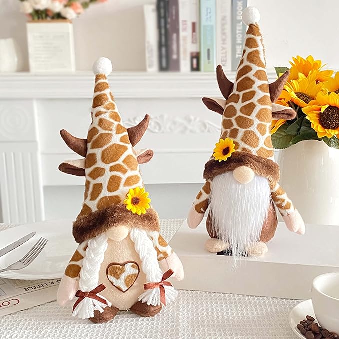 2PCS Giraffe Gnomes Plush Decorations, Farmhouse Gnomes Decorations for Home, Scandinavia Gnome Tiered Tray Sunflower Decor for Kitchen Decor, Gnome Gifts for Women, Swedish Nisse Tomte Home Oranment