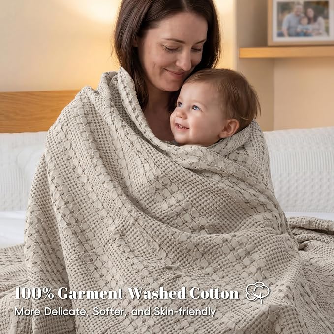 PHF 100% Cotton Waffle Blanket Queen Size for Bed, Lightweight Breathable and Soft for Summer, Luxury Aesthetic Waffle Weave Blanket for Home Decor & Gifts for Women, 90"x90", Pearl Gray